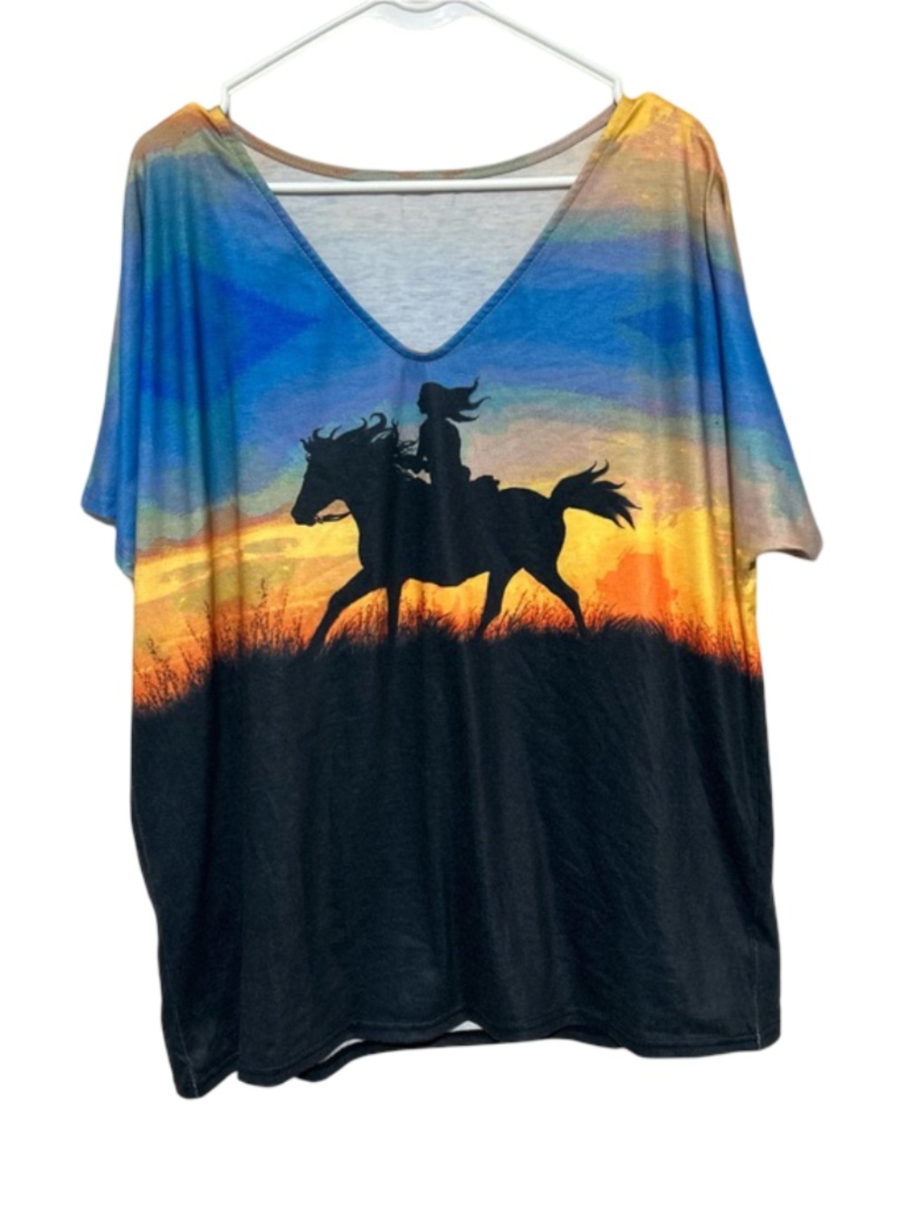 Blue Orange Horse Print Sunset Tee Shirt Size 2XL